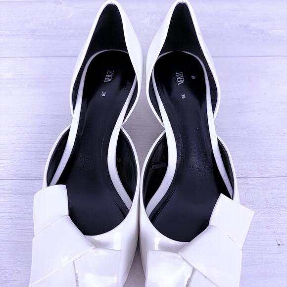Zara Pointed Toe Patent Leather Pumps Kitten Heels Size 8 White Bow Detail - Picture 10 of 15